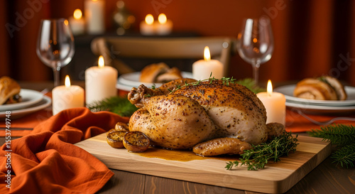 Roasted Chicken On Platter With Festive Candles And Wine Glasses