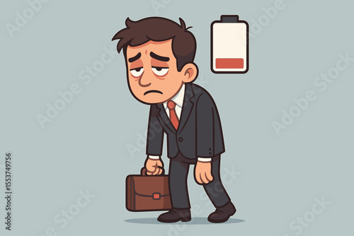 Exhausted Businessman Low Battery Icon. Tired Office Worker Burnout Concept. Overworked Employee Fatigue, Stress, Energy Depletion, Need for Rest. Corporate Stress Vector Cartoon Illustration