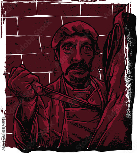 A grim butcher stands against a brick wall, holding a bloody knife