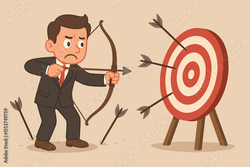 Businessman aiming arrows at target, missing bullseye. Cartoon metaphor for failure, mistake, inaccuracy, business challenge, missed goal, learning from errors, improvement, perseverance concept