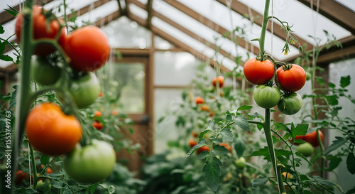 Ripe And Unripe Tomatoes Growing In Greenhouse Cultivating Fresh Vegetables