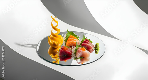 Elegant Presentation Of Fresh Sashimi On Reflective Surface With Orange Swirl