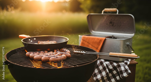 Delicious Sausages Grilling Outdoors During Summer Evening Barbecue