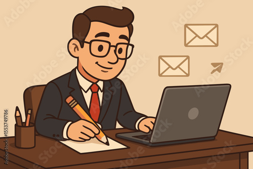 Cartoon businessman at desk writing promotional emails, using pencil and laptop, effective communication, office workspace, email marketing, productivity, professional illustration