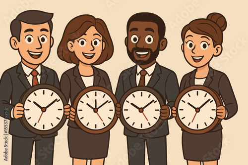 Diverse business team holding clocks, concept of time management, teamwork, deadline, productivity, punctuality, corporate planning, cartoon vector illustration, office efficiency, organization