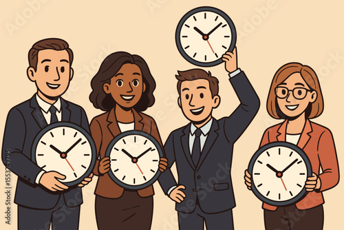 Diverse business team holding clocks. Concept of time management, punctuality, effective planning, teamwork, productivity, office schedule, deadline, organization. Vector cartoon illustration.