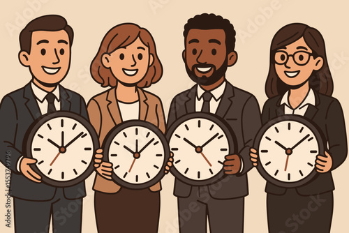 Cartoon business team holding clocks, concept of time management, teamwork, productivity, deadline, effective planning, office schedule, punctuality, organization, vector illustration