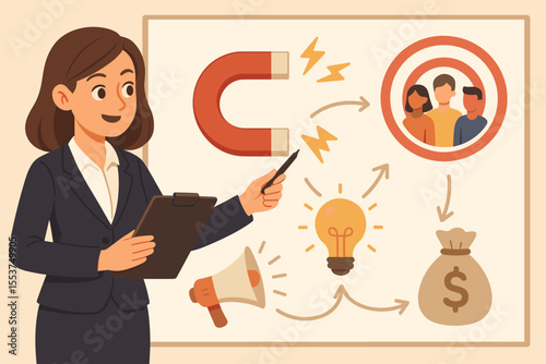 Businesswoman presenting marketing strategy for attracting target audience, customer acquisition, lead generation, promotion, sales funnel, business growth, advertising campaign concept vector