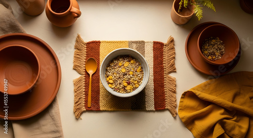 Rustic Still Life Featuring Grain Bowl and Earth Toned Ceramic Tableware