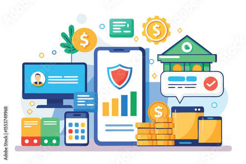 Online banking concept illustrating financial security, transactions, and digital management in a modern setting with various devices and symbols