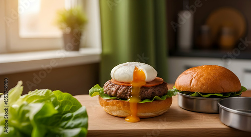 Gourmet Burgers Topped With Poached Eggs, Ready To Eat At Lunch