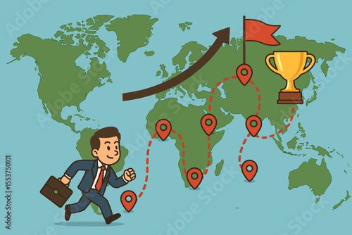 Businessman Journey to Success Achieving Global Goals and Milestones on World Map, Career Growth Path, Achievement, Leadership, Ambition, Vector Illustration, No Text, International Business Concept