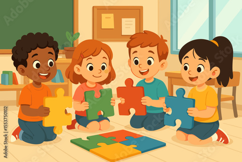Diverse children collaborating on colorful jigsaw puzzle pieces in classroom, teamwork, early education, group learning activity, playful kids, preschool, kindergarten, cartoon vector illustration