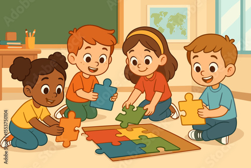 Diverse group of happy children collaborating on colorful jigsaw puzzle pieces in classroom, teamwork, education, learning activity, elementary students, cartoon vector illustration, school interior