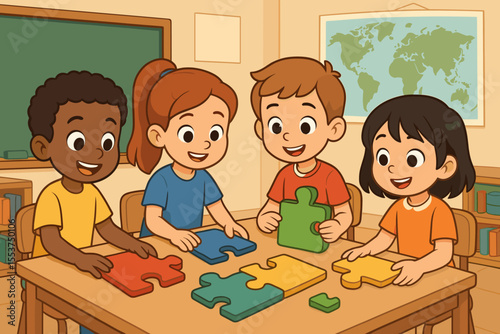 Diverse children collaborating on large colorful puzzle pieces in classroom, teamwork, education, learning activity, elementary students, school, group project, vector cartoon illustration