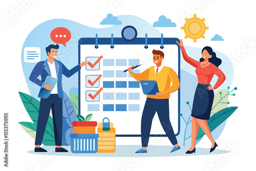 Business planning concept displayed through a vibrant vector cartoon illustration featuring diverse professionals collaborating in an office setting