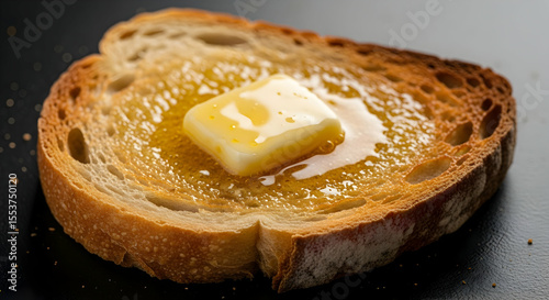 Golden Toast With Melting Butter on Dark Plate Close Up Shot