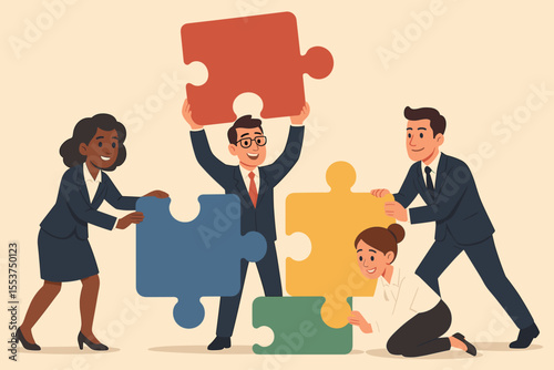 Business Teamwork Concept. Diverse Business People Collaborating, Solving Problems, Assembling Colorful Puzzle Pieces. Cooperation, Partnership, Strategy, Success, Office Team Vector Illustration