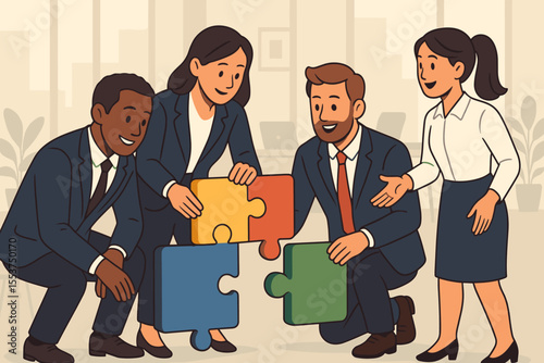 Business team collaboration solving puzzle pieces. Corporate teamwork, problem solving, partnership, group strategy, office meeting, diverse professionals, creative cooperation, vector illustration