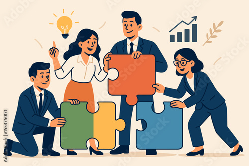 Teamwork Collaboration Business Success Concept. Diverse Businesspeople Solving Puzzle Pieces Together. Creative Idea, Partnership, Growth, Problem Solving, Strategy, Vector Illustration