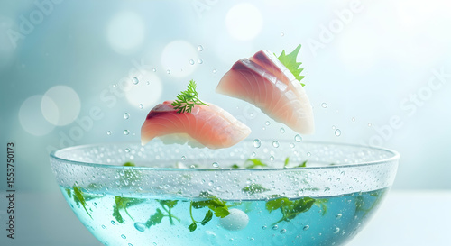 Artistic Presentation Of Fresh Hamachi Sushi Over Clear Water And Herbs