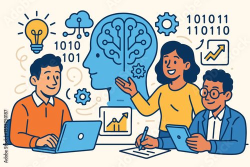Diverse business team brainstorming with laptops and tablets, utilizing artificial intelligence, machine learning, data analysis, innovation, technology, and cloud computing for creative solutions
