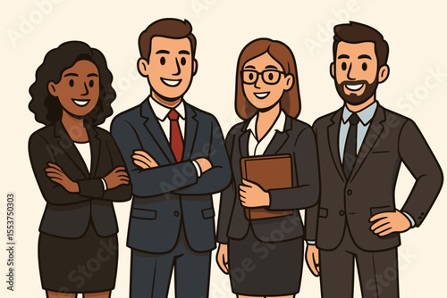 Professional business team group illustration. Diverse corporate people in formal suits. Cartoon office workers standing together. Teamwork, leadership, collaboration concept. Vector isolated clipart