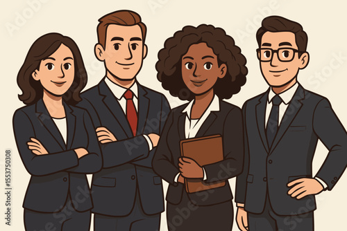 Diverse professional business team illustration. Cartoon vector of confident businesspeople group in formal suits. Corporate teamwork, leadership, office staff, collaboration, multicultural colleagues