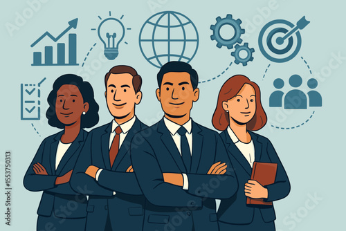 Diverse business team leadership collaboration. Professional executives teamwork. Global strategy, innovation, success. Corporate management, goal achievement. Vector illustration, business concept.