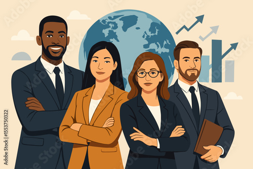 Diverse international business team leadership. Professional executives teamwork. Global business growth strategy. Corporate success. Multicultural office collaboration. Vector illustration.