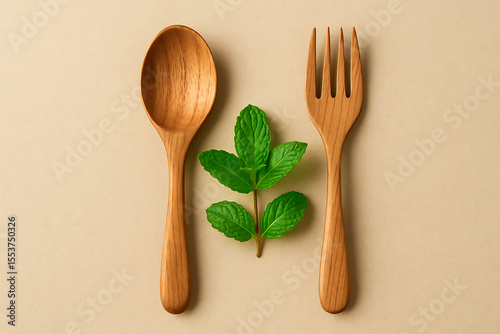 Sustainable wooden spoon and fork with vibrant fresh mint sprig centrally placed on a serene beige background, representing natural ingredients and conscious consumption