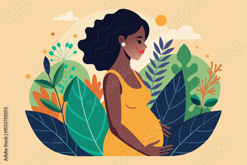 Celebrating motherhood with a black pregnant woman in a serene nature setting adorned with vibrant leaves and soft sunlight