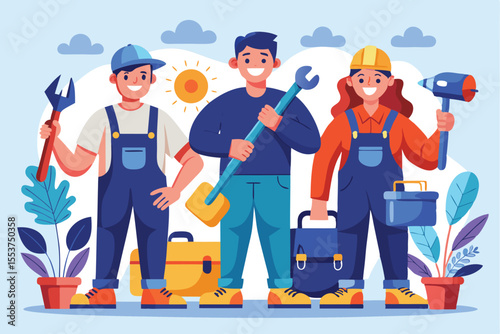 Vector illustration set featuring a diverse team of plumber workers engaged in their craft outdoors during a sunny day surrounded by plants and tools