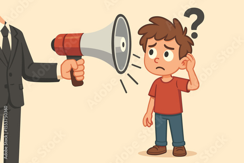 Confused boy overwhelmed by adult authority figure shouting through megaphone, misunderstanding, communication problem, child anxiety, stress, cartoon vector illustration, education concept