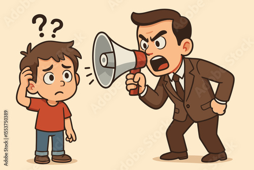 Confused child being yelled at by angry adult with megaphone. Miscommunication, authority, discipline, misunderstanding, stress, parent child conflict, education, cartoon vector illustration