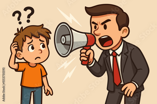 Confused child being yelled at by angry adult with megaphone, communication problem, misunderstanding, authority figure scolding, emotional abuse, cartoon vector illustration, conflict concept