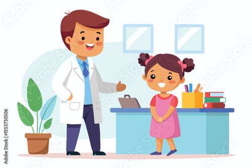 Children's doctor interacts with little girl at the reception desk, creating a welcoming atmosphere in a pediatric clinic
