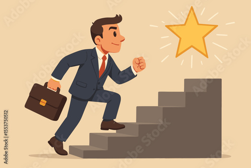 Ambitious businessman climbing stairs to golden star, career success achievement, professional growth, reaching goals, leadership, motivation, aspiration, vector cartoon illustration