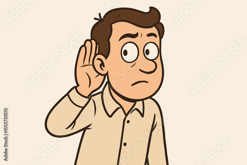 Cartoon Man Eavesdropping Hand to Ear Gesture, Listening Attentively, Curious Expression, Hearing, Communication, Suspicion, Secret, Vector Illustration, Body Language, Surveillance Concept