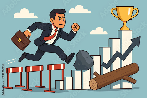 Ambitious businessman jumping over hurdles obstacles climbing bar chart to reach trophy. Overcoming challenges success concept. Career growth achievement. Vector illustration business metaphor