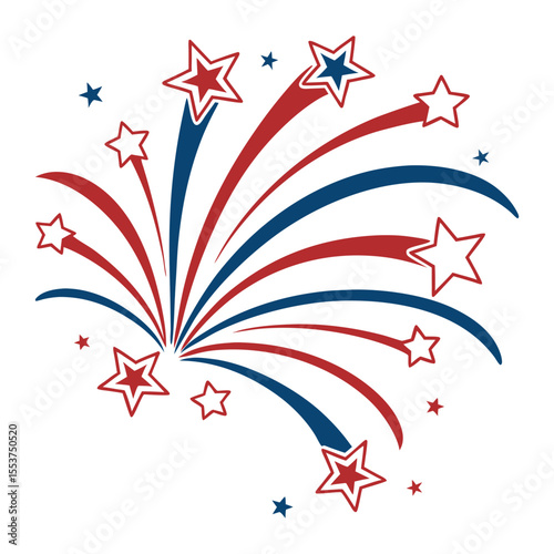 Red white and blue patriotic firework burst with star shapes for Independence Day design.