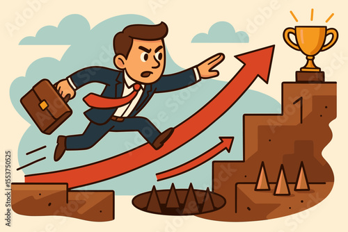 Ambitious businessman leaping over obstacles, avoiding pitfalls, climbing stairs to success, achieving business goals, career growth, leadership, motivation, vector cartoon illustration
