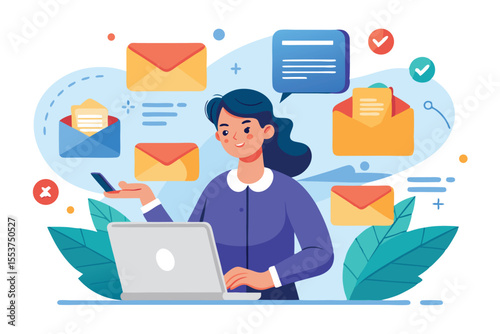 Woman managing emails and messages in a digital workspace with modern design elements highlighting communication efficiency