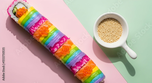 Creative Rainbow Sushi Roll With Fish Roe And Sesame Seeds In The Bowl