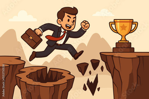 Ambitious businessman leaping over obstacles and pitfalls toward trophy, overcoming business challenges, success achievement, risk management, motivation, cartoon vector illustration