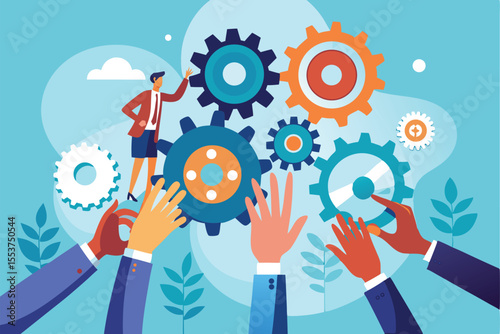 Human hands working together to change gears in a collaborative effort to drive innovation and progress towards a shared goal in a vibrant setting