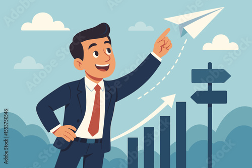 Ambitious Businessman Launching Paper Airplane Toward Growth and Success, Career Progress, Opportunity, Leadership, Motivation, Direction, Achievement, Cartoon Vector Illustration