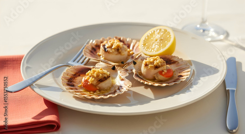 Elegant Dining Featuring Pan Seared Scallops Served with Lemon Wedge