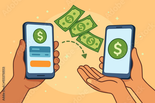 Mobile money transfer, digital payment transaction, online banking app, sending and receiving cash, smartphone finance, peer-to-peer electronic funds, fintech concept illustration