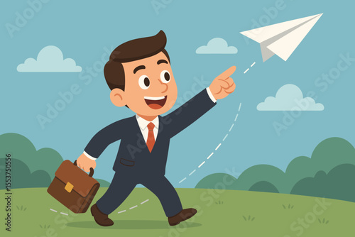 Ambitious Businessman in Suit Launching Paper Airplane, Symbolizing Innovation, Success, Career Growth, Leadership, Creativity, Motivation, Opportunity, Cartoon Vector Illustration, Outdoor Concept